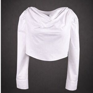 KBB by Kahlana White Cotton Draped Cowl Neck Puff Sleeve Cropped Blouse Large
